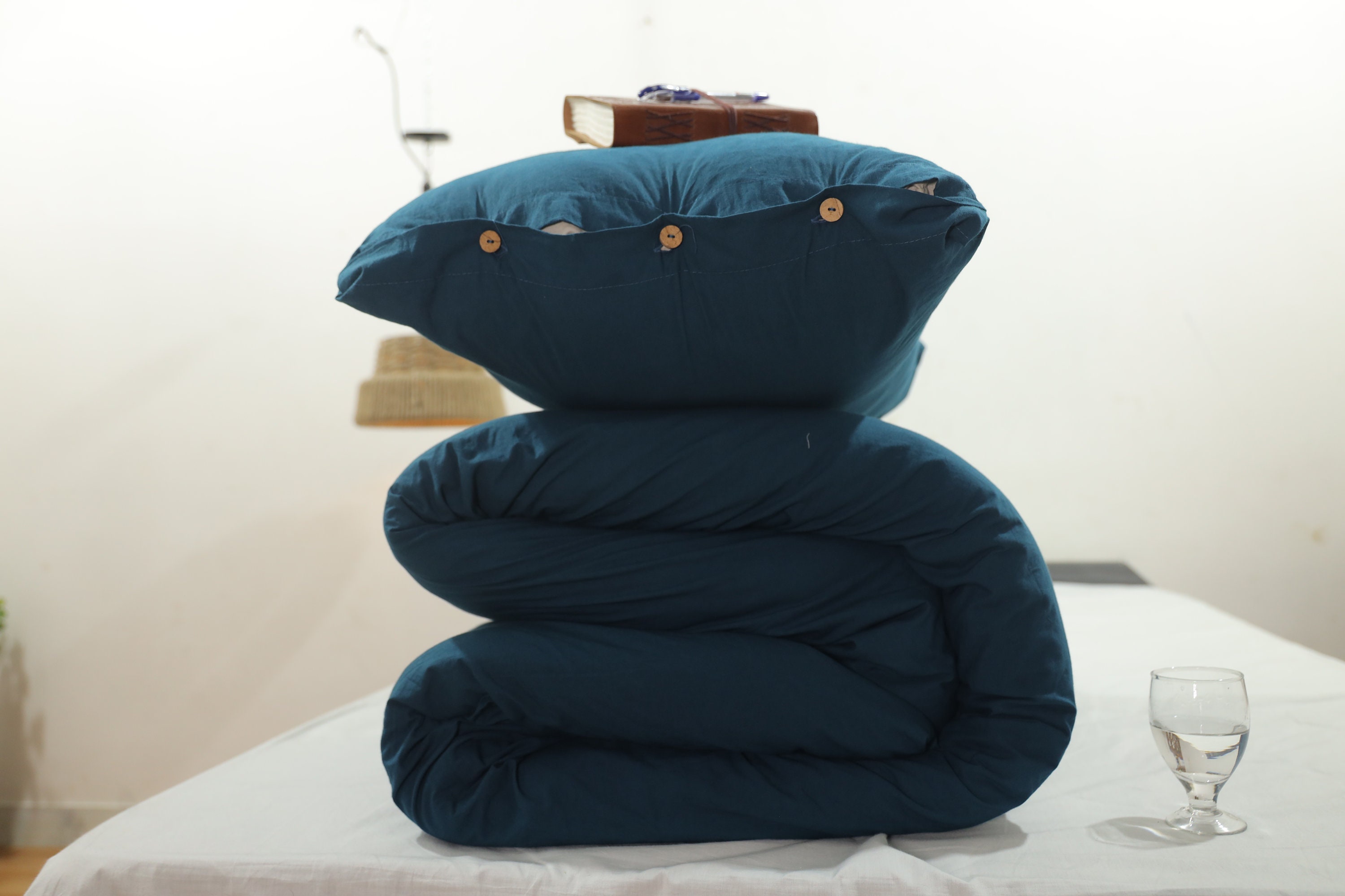 Handmade Teal Blue Linen Duvet Cover: Stonewashed Cotton Bedding