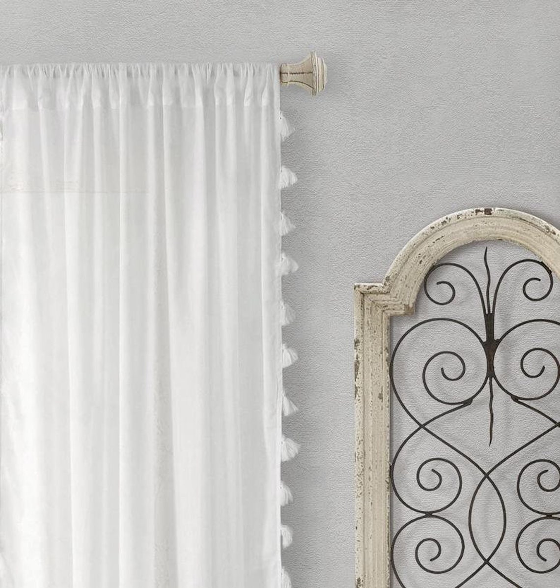 White Tassels Shower curtain extra long Farmhouse shower Etsy