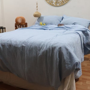Handmade Sky Blue Linen Duvet Cover Set: Organic Cotton Bedding