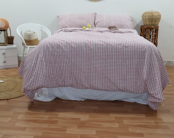 Set copripiumino in lino scozzese fatto a mano: biancheria da letto a quadretti rossi