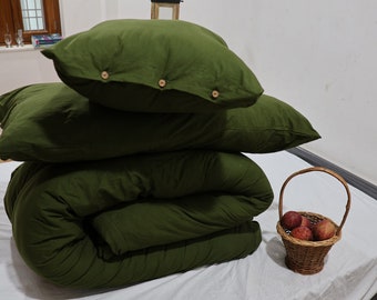 Handmade Moss Green Linen Duvet Cover Set: Boho Bedding