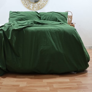 Dark Green Linen Duvet Cover Set: Stonewashed Cotton Bedding
