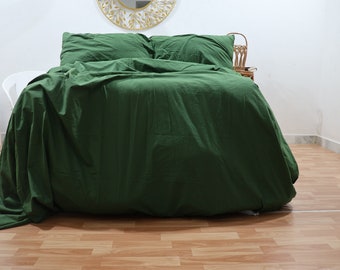 Dark Green Linen Duvet Cover Set: Stonewashed Cotton Bedding
