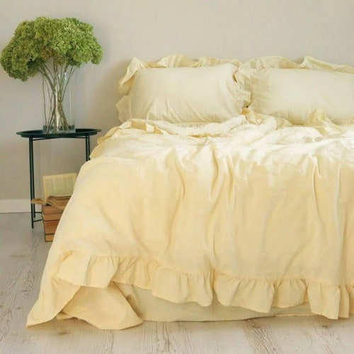 Ruffle Yellow Pastel Bedding Set Custard Yellow Queen Duvet Etsy