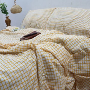 Handmade Linen Duvet Cover Set: Yellow Gingham Check Bedding