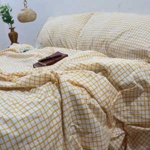 Linen Duvet Cover in Yellow gingham, Linen Checkered duvet cover 2 Pillow Cover,Twin, queen, king sizes, Linen bedding Set, Checks duvet