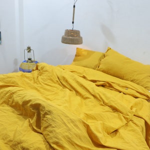 Yellow Mustard Washed Linen Duvet Cover: Boho Bedding Set
