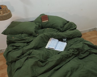 Dunkelgrüner Leinen Bettbezug, weiche, vorgeschrumpfte Leinendecke mit Knopf - Bettbezug King Full Double Twin - Stonewashed Bettdecke