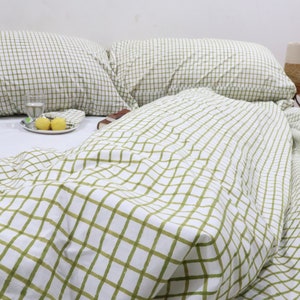 Green Plaid Cotton Duvet Cover Set: Dorm Bedding