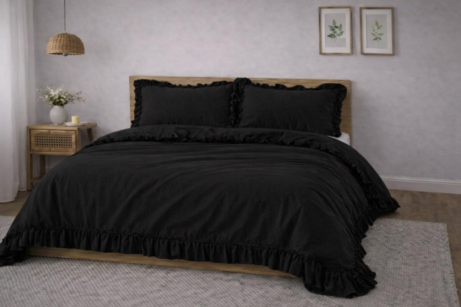 Handmade Full Black Ruffle Organic 100% Linen Duvet Cover Set, Softened ...