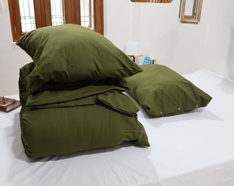 Olive Green Cotton Duvet Cover Set: Stonewashed Bedding with Coconut Buttons