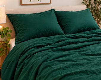 Forest Green Linen Duvet Cover Set with Pillow Covers, Dark Green Bedding Set, Natural Linen Bedding, King Queen Full Twin Duvet Set