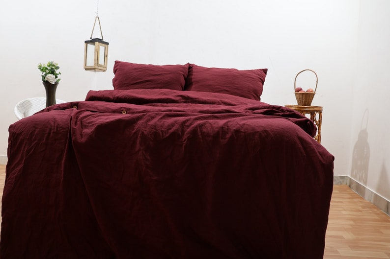 Linen duvet cover with buttons in Deep Burgundy / Washed soft linen king bedding / Natural stonewashed queen/ custom size linen duvet cover image 5