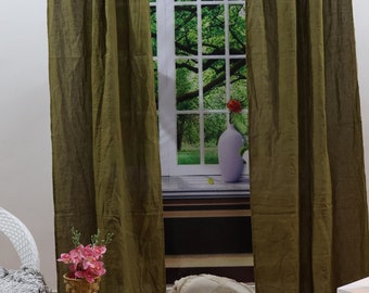Olive Green Linen Curtain, Window Curtain Boho Curtain Bedroom Curtain, living room Linen Curtains Two Panel Curtain, Bohemian Curtains Sets