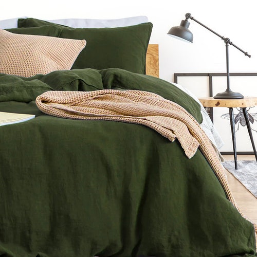 Olive Green Linen Duvet Cover With Button Closure Luxurious Etsy