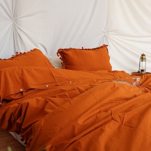 Rust orange Color washed cotton duvet cover with matching pillow cases /Rust orange duvet cover/ rust fringes tassel duvet cover/ rust duvet