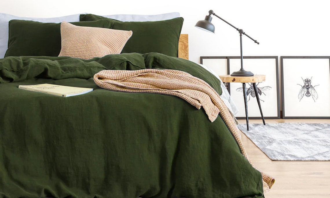 Olive Green Linen Duvet Cover With Button Closure Luxurious Etsy