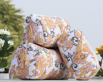 Indian Block Print Quilted Makeup Bag Set: Cotton Travel Toiletry Case