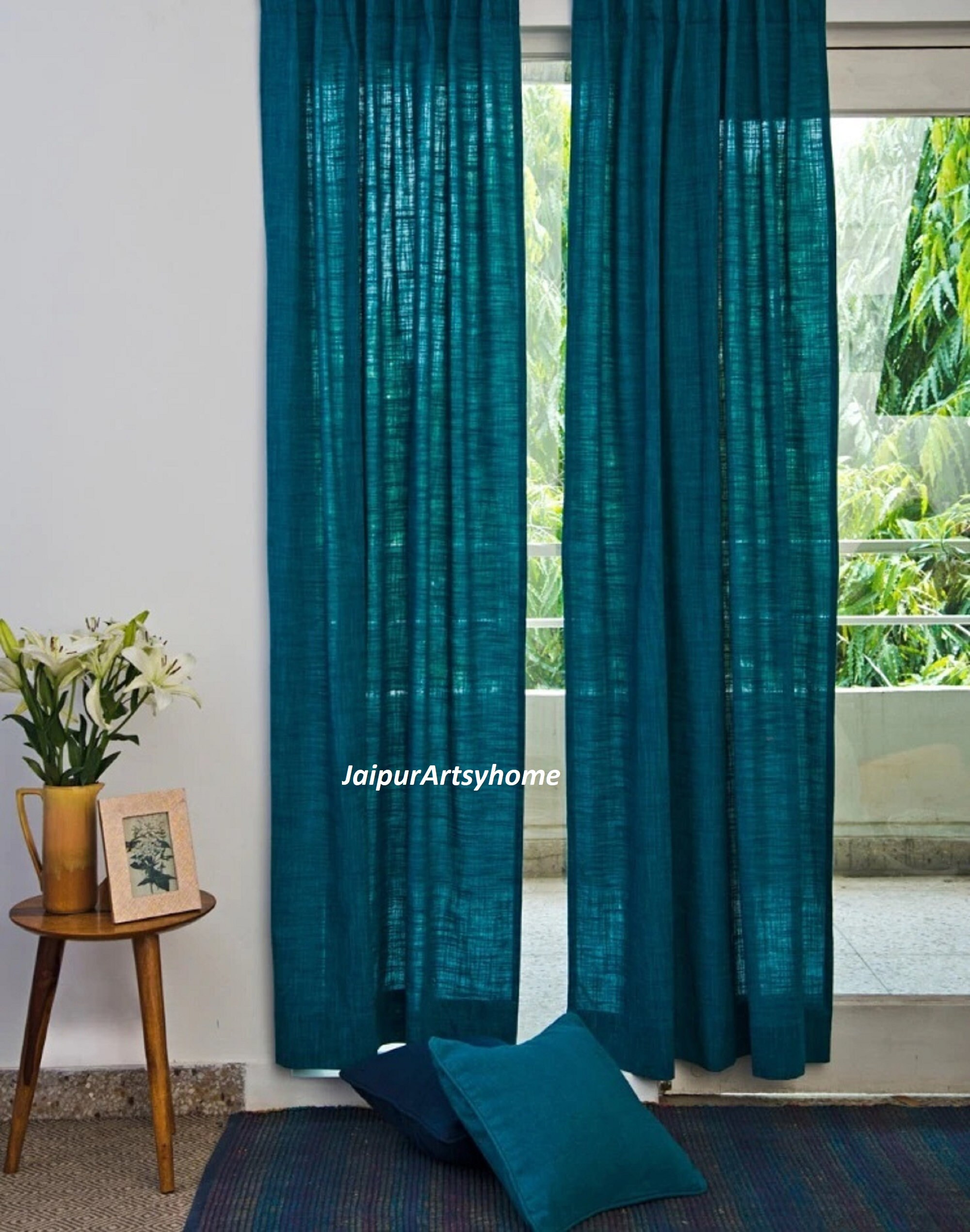 teal curtains