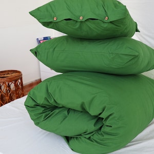 Fern Green Linen Duvet Cover: Boho Cotton Bedding Set