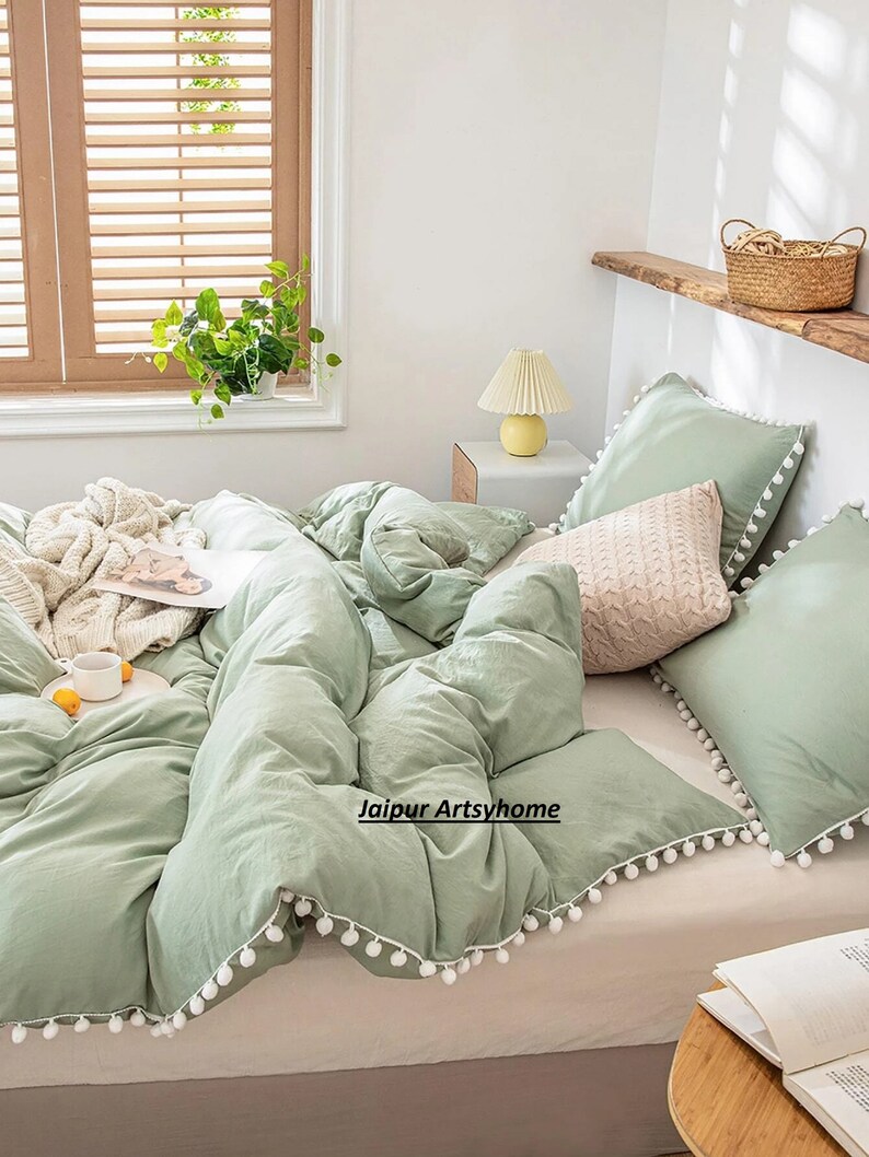 Sage Green Pom Pom Duvet Cover Queen Duvet Set Twin Dorm Etsy