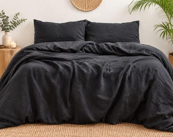 Charcoal Grey Linen Duvet Cover, Dark Gray Bedding Set, Washed Linen Quilt Cover, Minimalist Bedding, Modern Boho Bedroom Decor