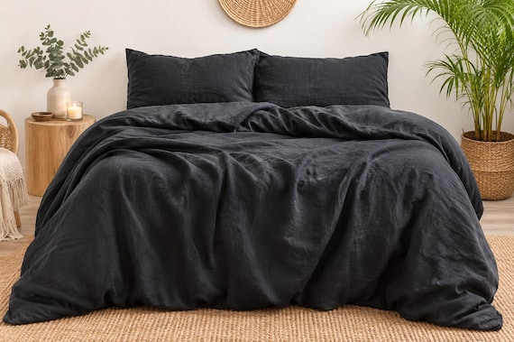 Charcoal Grey Linen Duvet Cover, Dark Gray Bedding Set, Washed Linen Quilt Cover, Minimalist Bedding, Modern Boho Bedroom Decor