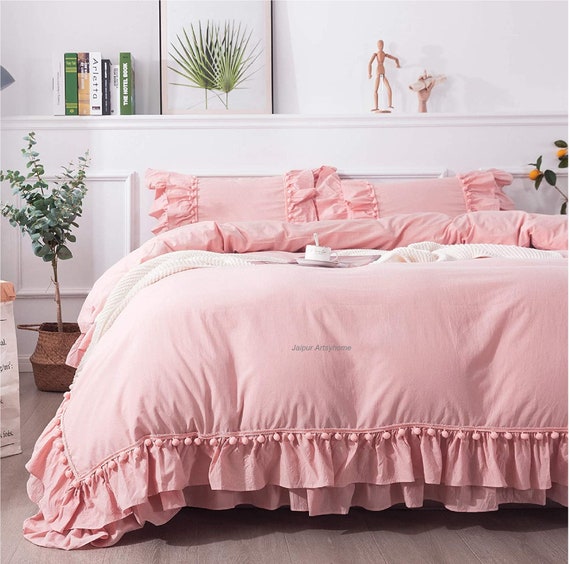 Pink Ruffle with Pom Pom Duvet Cover Washed Cotton Duvet Cover Etsy