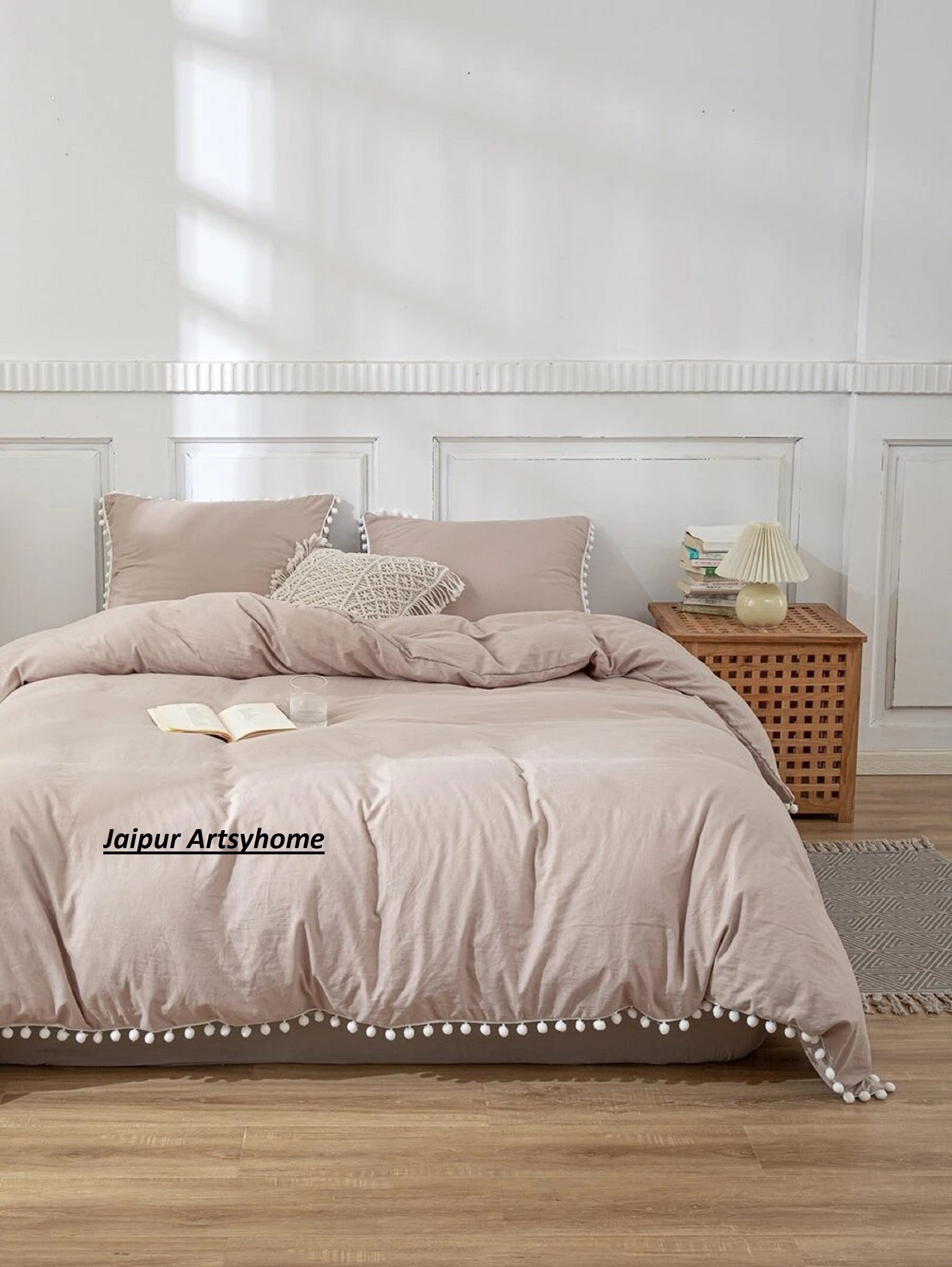 Beige Color and White Pom Pom Duvet Cover With Button 100 Etsy
