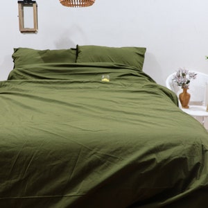 Olive Green Duvet Cover Set 3 pcs: 1 Duvet + 2 Pillow cases, Cotton Washed Bedding, Duvet Cover Queen, King, Duvet Cover with Coconut Button