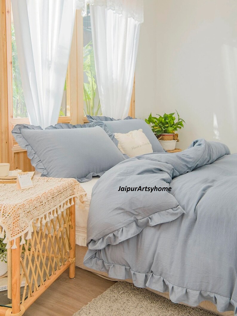 Ruffled Cotton Duvet Cover in Dusty Blue Bedding Set/ruffle Etsy