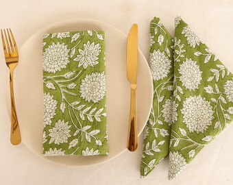 Hand Block Printed Cotton Napkins - Moss Green, Set of 100