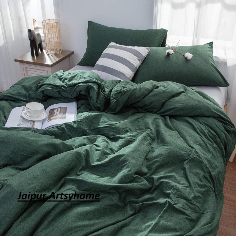 Cotton Duvet Cover Forest Green Color 3 Pcs Set Stonewashed Etsy