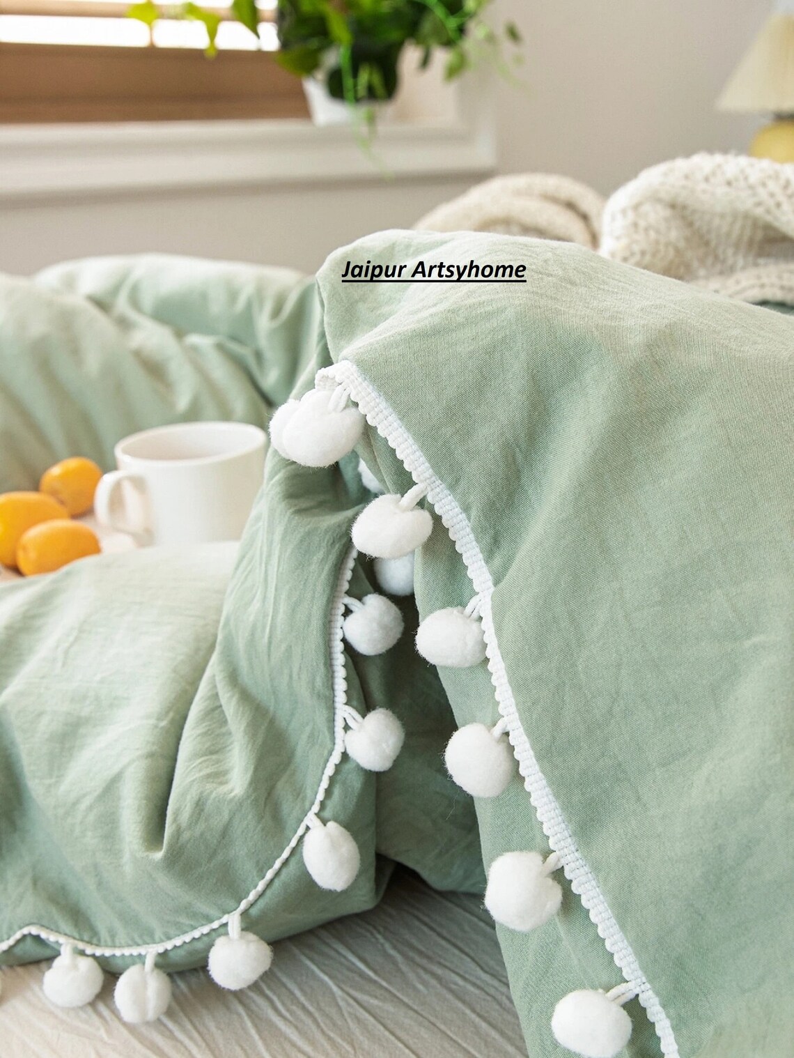 Sage Green With White Pom Pom Quilt Cover Bedding Cover Boho Etsy