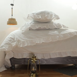 Ivory Ruffle Cotton duvet cover, softened stonewashed Cotton Bedding with Coconut Button closure , Queen, King, Euro, Over custom size