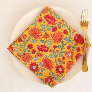Hand Block Printed Floral Napkins: 100% Cotton Table Linens
