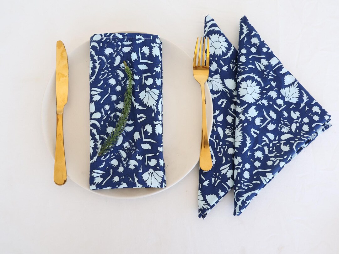 Set of 4 Blue Handspun Handwoven Double Side Pure Cotton Table Napkins