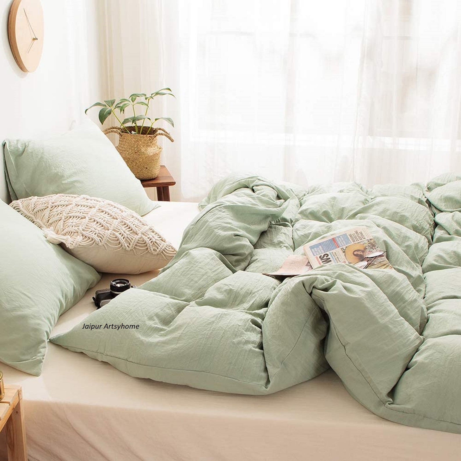 Stonewashed Cotton Duvet Cover Set, Sage Green main image 1