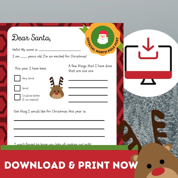Printable Letter to Santa Claus - INSTANT DOWNLOAD - Blank Dear Santa Letter - Kids Christmas Wish List