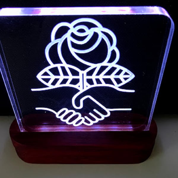 DSA ROSE Edge Lit LED Sign 4.25" x 4.25" with Custom African Padauk Wood base.