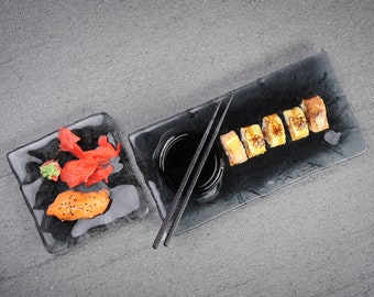 Zestaw talerzy do sushi | Prostokątna taca do serwowania | Naczynia do sushi | Szklana zastawa stołowa | Ręcznie robiona zastawa stołowa | Prezenty na parapetówkę