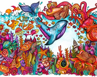 Ocean wall art print for kids rooms or baby nursery with turtles, fish and whales