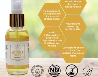Puede incluir: Una botella de vidrio transparente con una tapa dorada que contiene aceite de vitamina E para la piel. La botella está etiquetada con el texto "YUVIV 100% PURE NATURAL VITAMIN E 42,000 IU SKIN OIL 2 fl oz / 60 ml". La botella está rodeada de formas hexagonales con texto que describe los beneficios del aceite de vitamina E, como "Ayuda a reparar y reconstruir el tejido para una piel más hermosa", "Nutrir y aliviar la piel seca y sensible", "Propiedades antiinflamatorias que juegan un papel importante en todo tipo de curación", "Capacidad muy potente para bloquear los radicales libres que causan el envejecimiento", "Ayuda a minimizar la apariencia de cicatrices y estrías". Debajo de la botella hay cuatro iconos con el texto "No Mineral", "No Additives", "No Fillers" y "100% PURE NATURAL OILS".