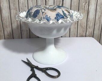 Rare imperial silver crest glass pedestal dish with removable pin cushion.