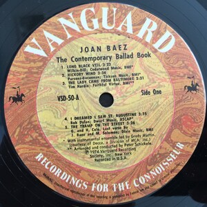 May include: A yellow and black vinyl record with the text "Vanguard" in large, bold letters. The record is titled "Joan Baez: The Contemporary Ballad Book" and features a list of songs with their titles, artists, and running times. The record is labeled "Side One" and includes the text "Recordings for the Connoisseur".
