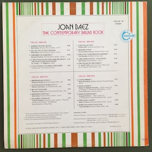 May include: A vintage vinyl record album cover featuring Joan Baez, a singer-songwriter, with the title "The Contemporary Ballad Book". The album cover is a light blue color with a white border and features a photo of Joan Baez in black and white. The album cover also includes the album title, the artist's name, and the record label, Vanguard.