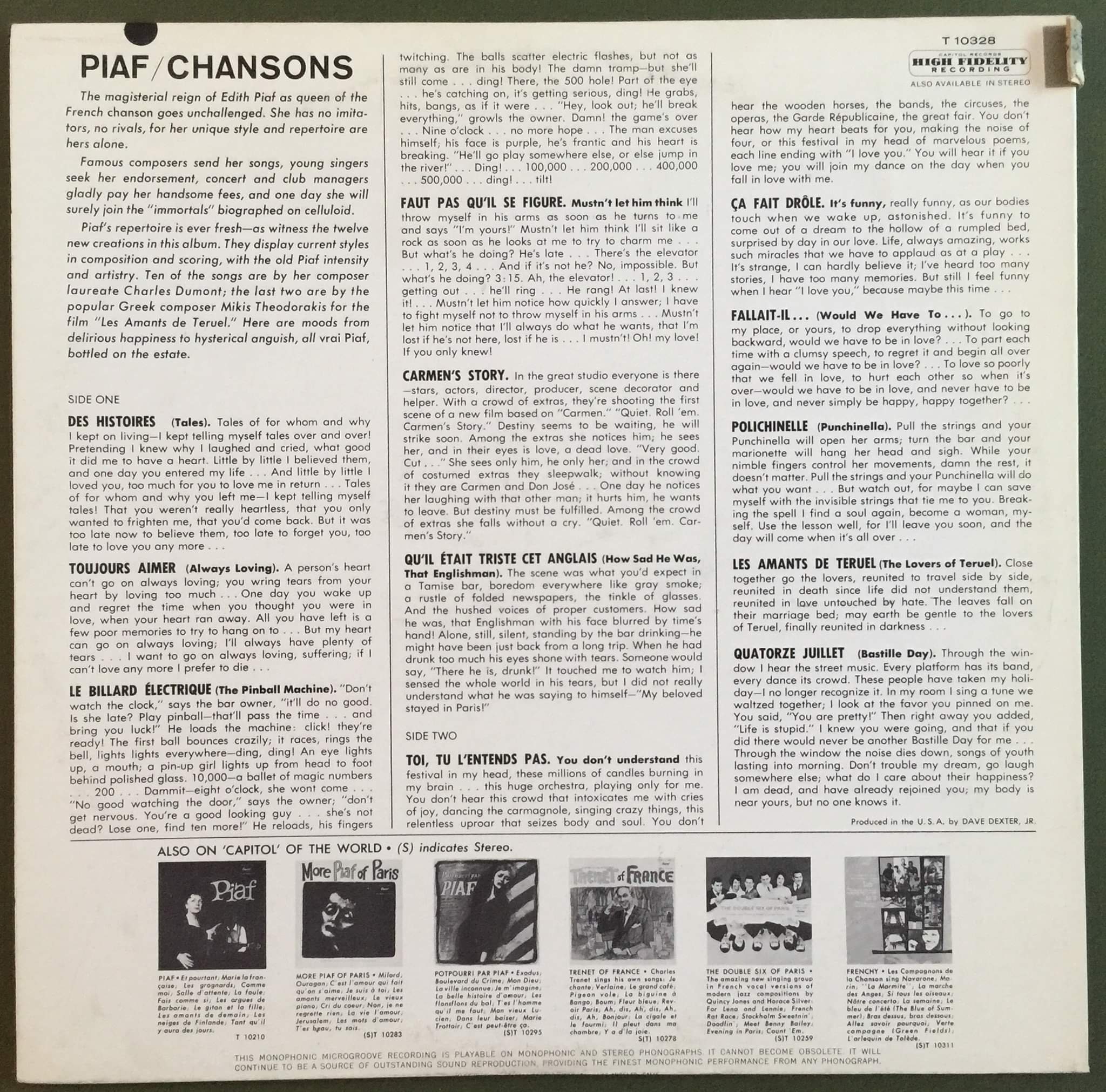Vintage 60s Vinyl EDITH PIAF Chansons Record Album French