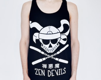 Diables zen - Débardeur tête de mort Ninja Nunchucks Noir Blanc Kanji Occulte Sombre Alternative Gothique Darkwear Techwear Cyberpunk