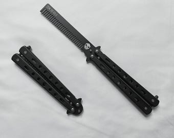 Zen Devils - The Comb Balisong Trainer Tactical Butterfly Knife EDC Black Stainless Steel Engraved Skull