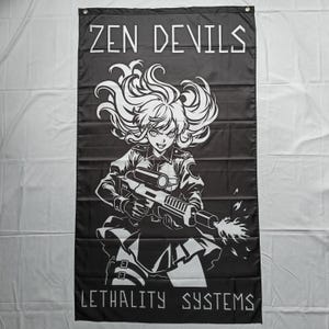 May include: Black banner with white text and illustration. The text at the top reads "ZEN DEVILS", and the text at the bottom reads "LETHALITY SYSTEMS". The illustration is of a woman holding a rifle, with white hair and a military-style uniform.